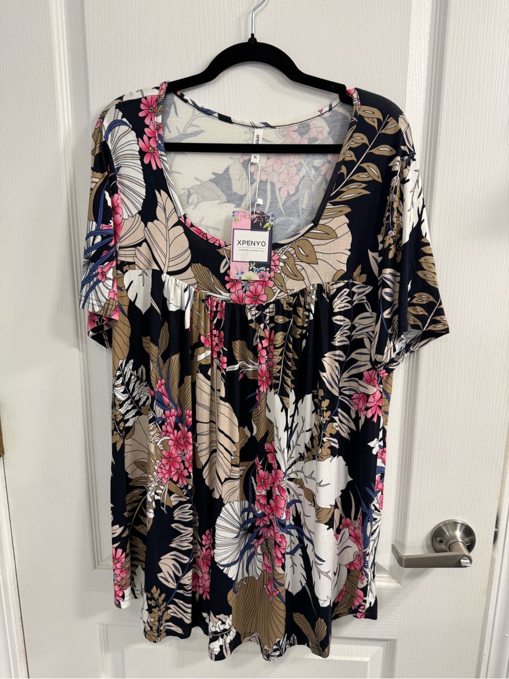 Black Floral Tunic with Pink & Brown Accents
